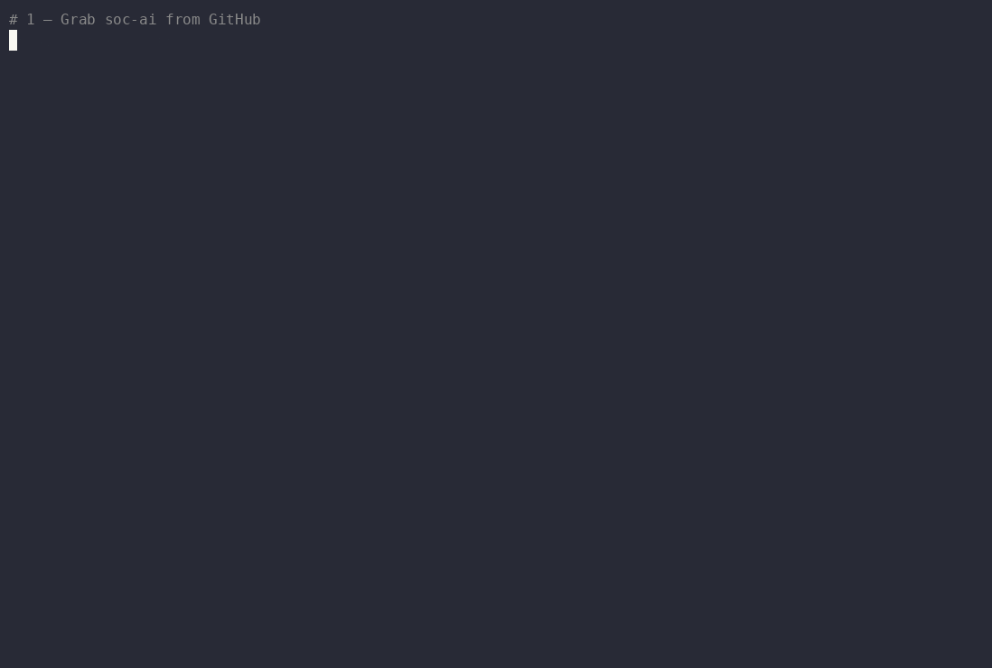soc-ai install: git clone, the guided ./setup.sh with the Security Onion connection check, the model route, the model pick, the day-1 prompts, the build and the doctor, then the banner with the URL and the admin password