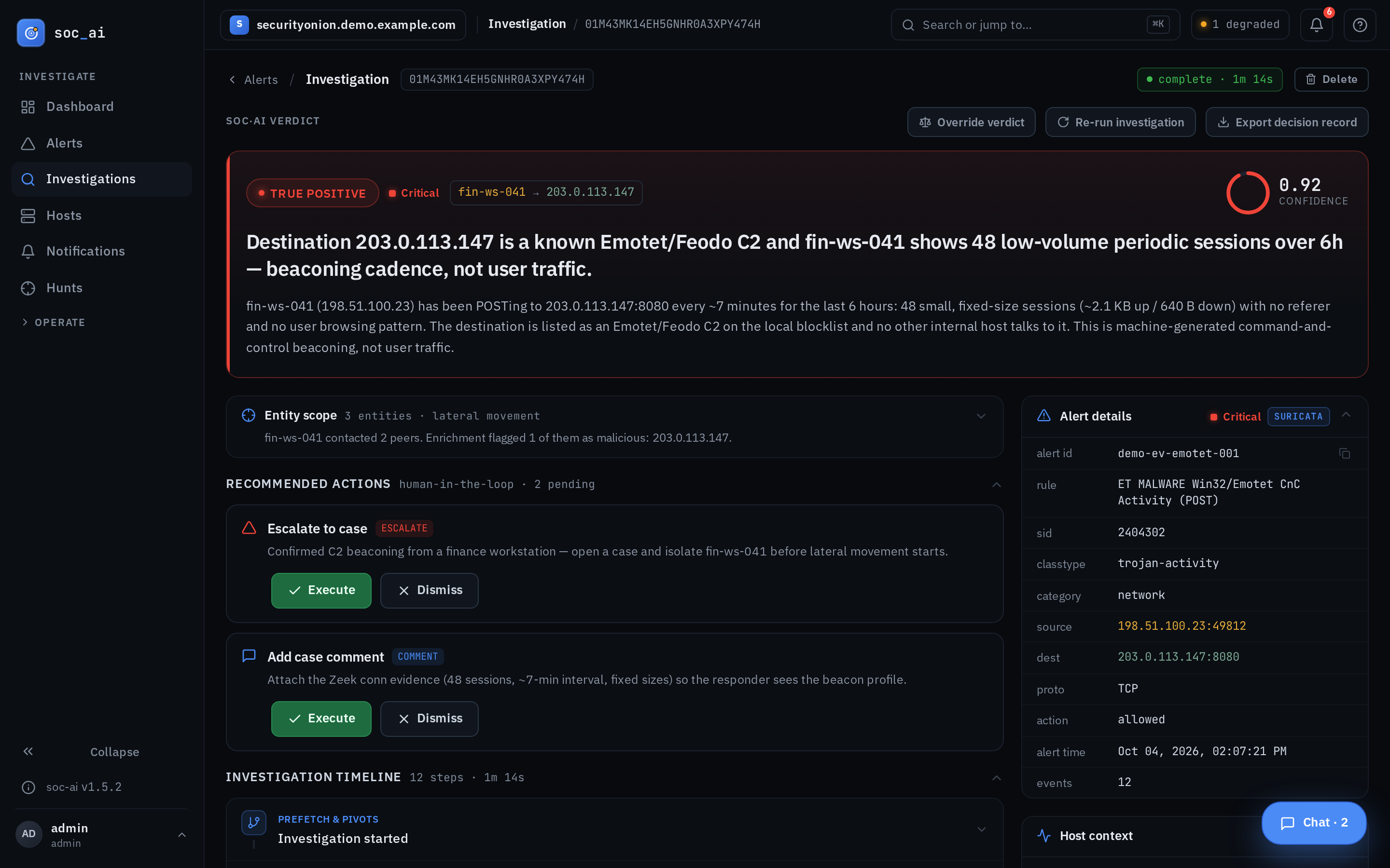 An investigation: verdict, confidence, reasoning, recommended actions, and the agent's timeline